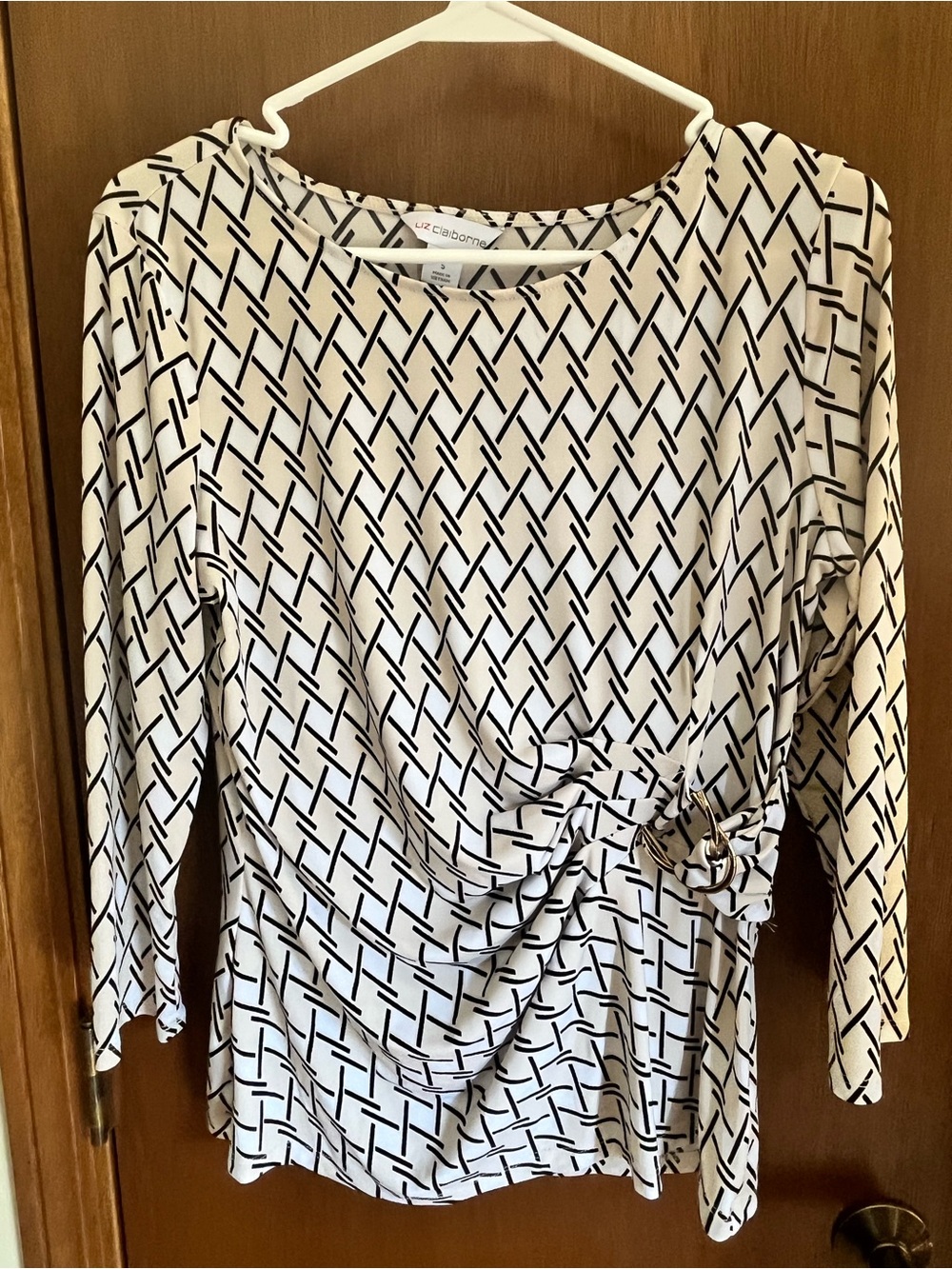 Liz Claiborne Black & Cream Geometric Long Sleeve Top with Side Ring Detail